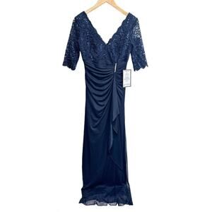 Betsy & Adam Dress Size 4 Blue‎ Maxi Gown Sequined V Neck Short Sleeve NEW